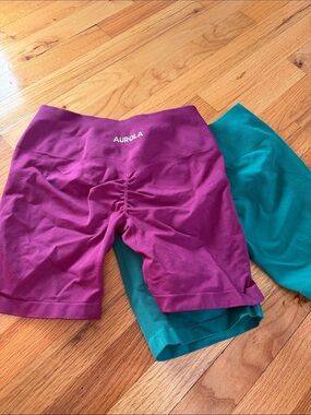 AURORA Purple Ruched Bike Shorts with Teal Pair